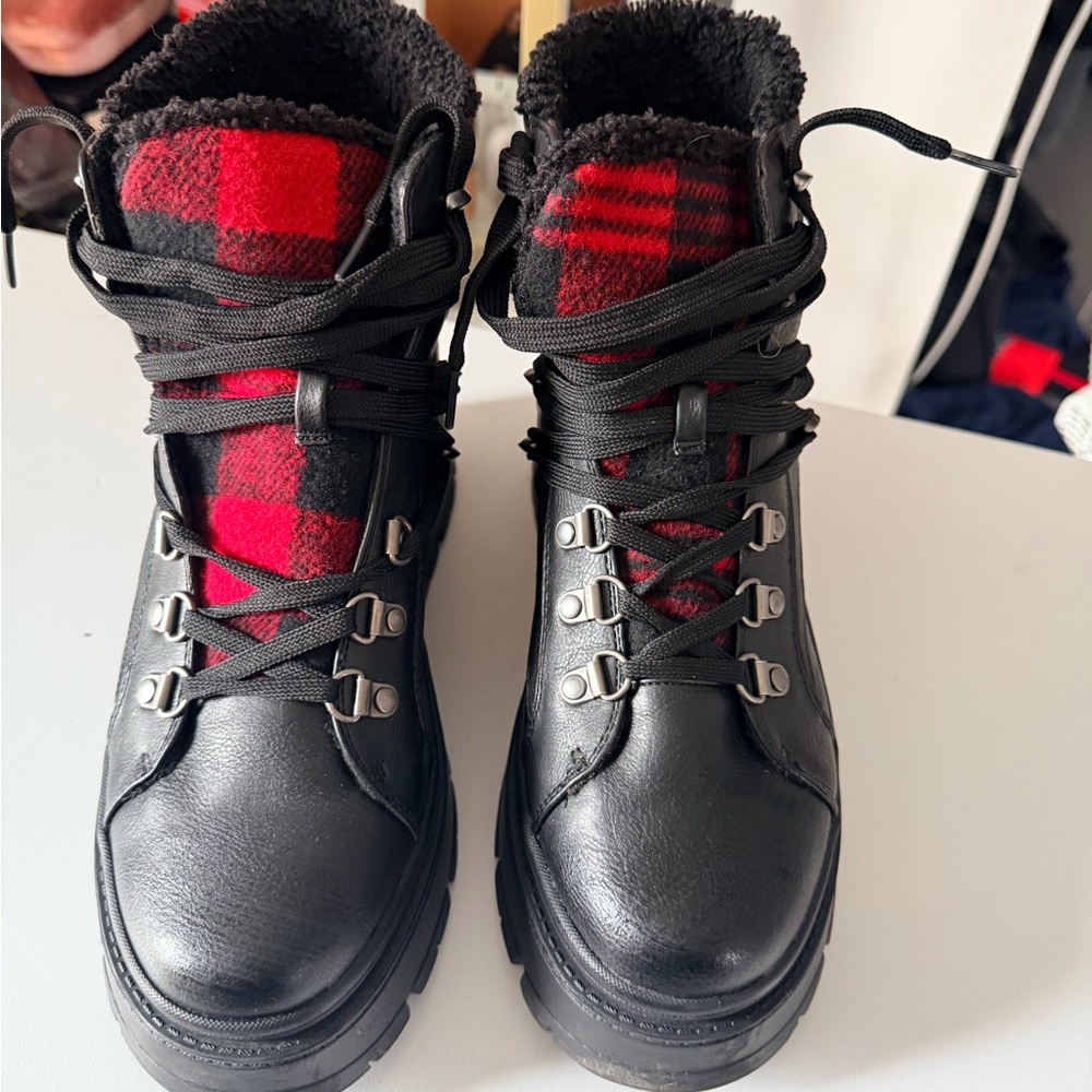 Call It Spring Black Lace-Up Ankle Boots with Red Plaid Tongue